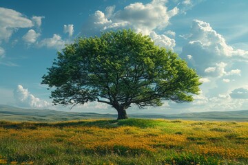 Fototapeta premium Majestic solitary tree stands in a vibrant, lush meadow with fluffy clouds set against a blue sky