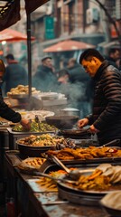A candid street photography shot of a bustling food market generated by AI