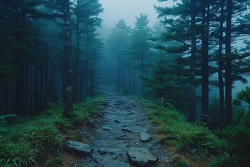 An atmospheric and mysterious pathway winds through a misty pine forest during a calm twilight
