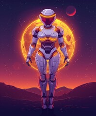 A sleek robot astronaut stands against a vibrant night sky with a glowing full moon. Digital illustration highlighting futuristic exploration and technology.