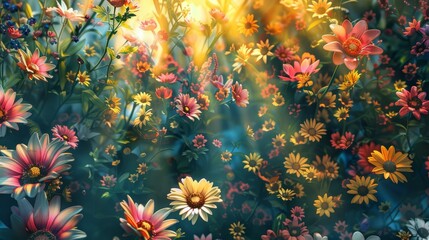 A kaleidoscope of colorful flowers forming intricate patterns generated by AI