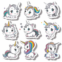 a Set Cute unicon on a White Canvas Sticker,vector image
