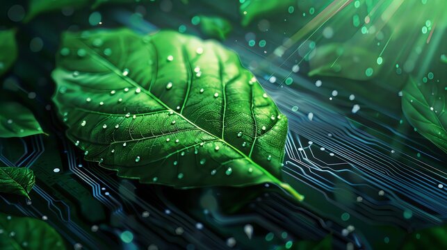 Green leaf and circuit board technology, ecofriendly energy concept with green leaves in the style of computer electronic printed sequ centered with data stream bokeh background