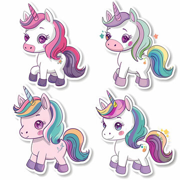 a Set Cute unicon on a White Canvas Sticker,vector image