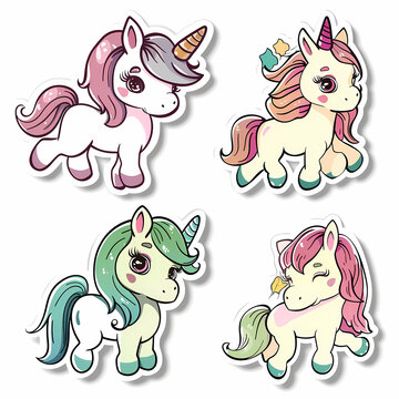 a Set Cute unicon on a White Canvas Sticker,vector image