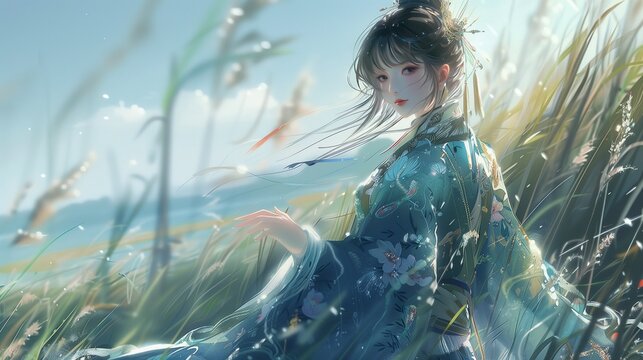Beautiful Chinese girl wearing blue and green floral Hanfu, standing in the grassland with tall reeds, illustration