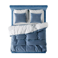 Top view of a blue bed with blue pillows top view transparent background