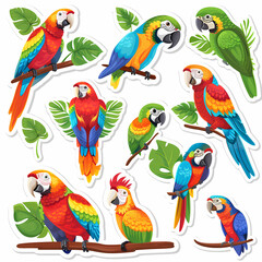 a Set Cute parrot on a White Canvas Sticker,vector image