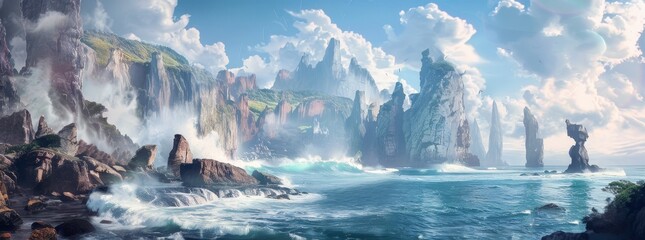 A panoramic view of a rugged coastline with towering sea stacks generated by AI