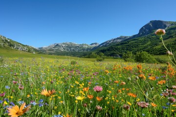 Obraz premium A peaceful alpine meadow dotted with colorful wildflowers generated by AI