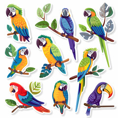 a Set Cute parrot on a White Canvas Sticker,vector image