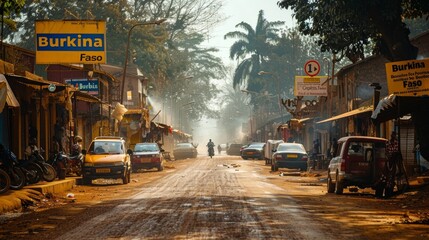 A vibrant street scene in a town with cars parked beside shops under Burkina Faso signs, sunlit and dust-filled air