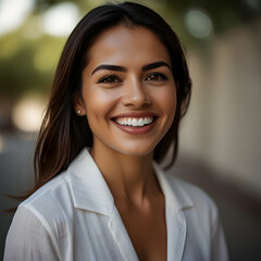 a Hispanic woman. Her dazzling white teeth shine through a radiant smile, set against a subtly blurred background