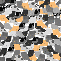 Vector Seamless Pattern with Cute Cats on White Background