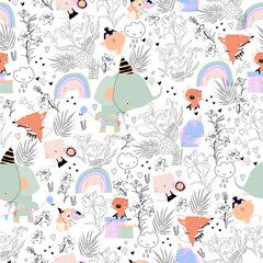 Vector Seamless Pattern with Cute Animals celebrating Birthday