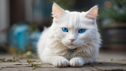 A white cat with blue eyes is sitting on the ground outside, looking at the camera.