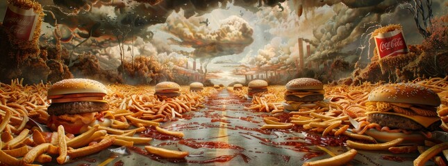 A surreal image of a fast-food paradise, with mountains of burgers generated by AI