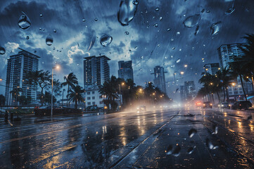 View through the window with raindrops reflecting city lights. A cityscape during a rainy evening with dark clouds looming overhead. For social media, poster, wallpaper, banner, magazine, websites.