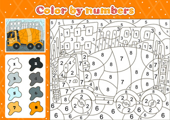 Car themed coloring page by number for kids with concerete mixer car truck, printable educational worksheet in cartoon style