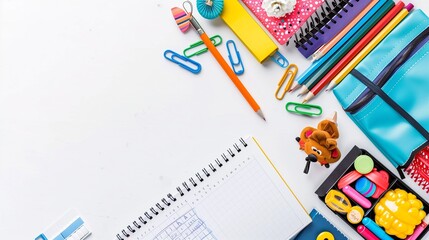 White background with a notebook and a variety of colorful school items.