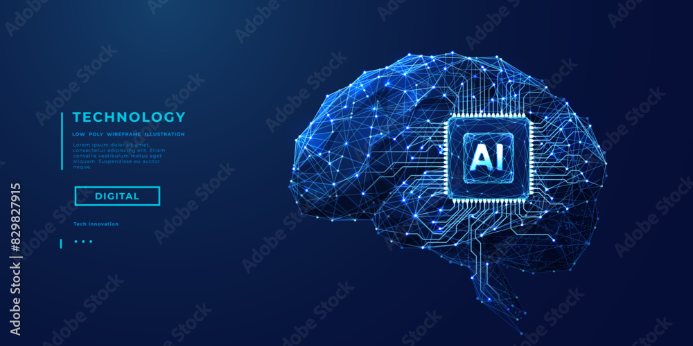 Poster Abstract digital brain with AI chip and circuit in blue. Technology innovation background. Futuristic tech bg. AI microchip or semiconductor with neon glowing effect. Vector illustration of processor.
