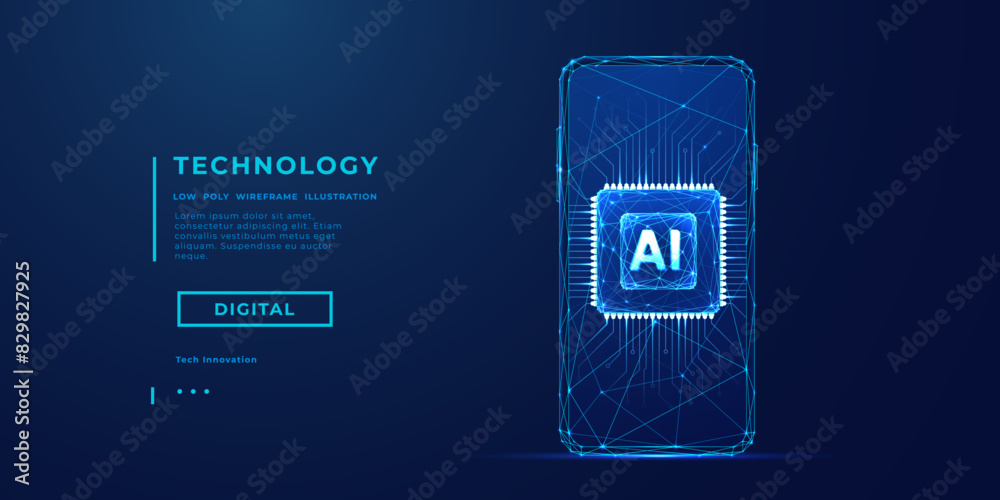 Aufkleber Abstract digital light blue AI chip on the empty smartphone screen. Technology innovation background. AI tech concept. Processor with circuit lines and letters A and I. Low poly vector illustration.