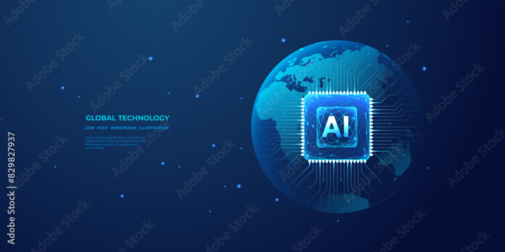 Poster Abstract digital blue globe and AI chip in the center. Technology innovation background. AI processor with circuit roads in light blue with bright neon effect. Futuristic polygonal vector illustration