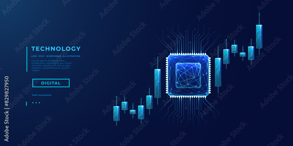 Aufkleber trade ai concept. ai chip, abstract digital stock market japanese candlesticks in blue on technology