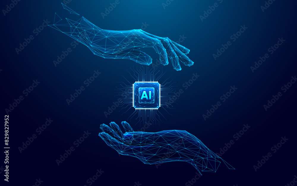 Poster Abstract digital AI chip between human tech wireframe palms. Artificial intelligence technology background. Protection of semiconductor or microchip. Low poly wireframe vector illustration. Tech bg.