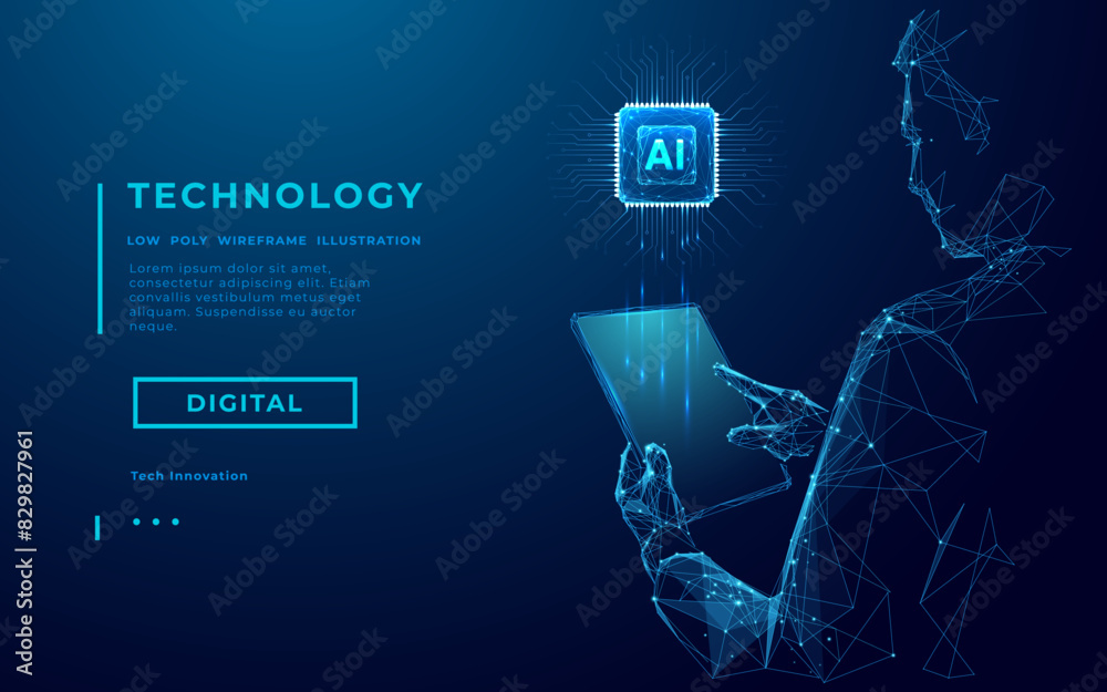 Poster Abstract wireframe man holding tablet with AI chip hologram. Technology innovation background. Tech bg. Artificial intelligence concept. Scientist with AI processor. Vector low poly illustration.