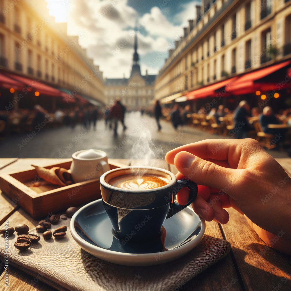 Poster taking coffee in street