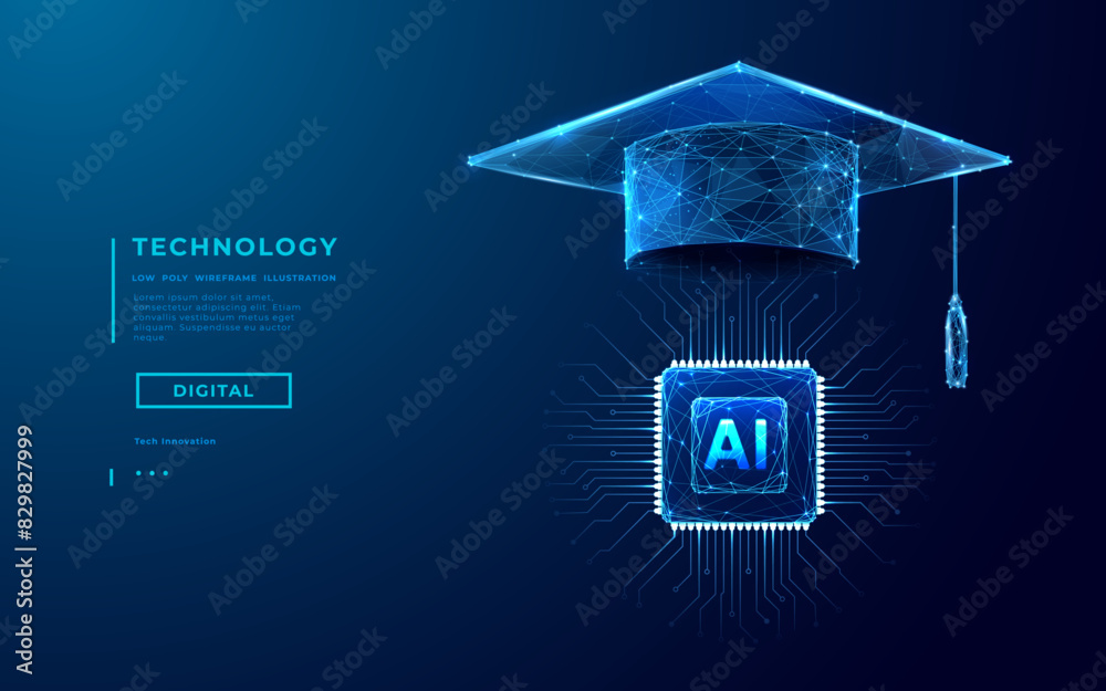 Leinwandbilder ai education or machine learning background. abstract digital tech bg. ai chip and graduate hat in b