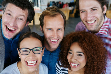 Portrait, laugh and team of business people in office for solidarity, winning or celebrate success...