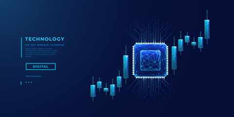 Trade AI concept. AI chip, abstract digital stock market japanese candlesticks in blue on technology background. Finance and investment tech bg. Forex with artificial intelligence innovation. Vector