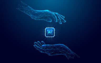 Abstract digital AI chip between human tech wireframe palms. Artificial intelligence technology background. Protection of semiconductor or microchip. Low poly wireframe vector illustration. Tech bg.