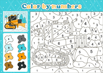 Car themed coloring page by number for kids with bulldozer clearing snow away, printable educational worksheet in cartoon style