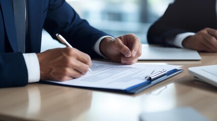 two business people signing a contract, colored in dark blue and white, on a clean white background Include a secondary element of a document folder The image should convey contract agreement, with sp