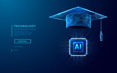 AI education or machine learning background. Abstract digital tech bg. AI chip and graduate hat in blue with light neon effects. Artificial Intelligence concept. Low poly wireframe vector illustration