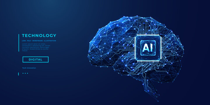 Abstract digital brain with AI chip and circuit in blue. Technology innovation background. Futuristic tech bg. AI microchip or semiconductor with neon glowing effect. Vector illustration of processor.