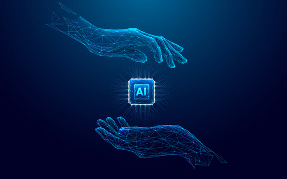 Abstract digital AI chip between human tech wireframe palms. Artificial intelligence technology background. Protection of semiconductor or microchip. Low poly wireframe vector illustration. Tech bg.