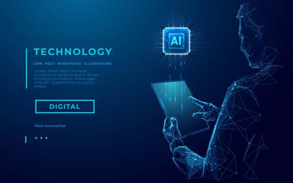 Abstract wireframe man holding tablet with AI chip hologram. Technology innovation background. Tech bg. Artificial intelligence concept. Scientist with AI processor. Vector low poly illustration.