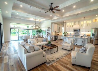 Beautiful modern home interior design of an open concept living room and kitchen with wood flooring, a ceiling fan, couches and a coffee table in the style of a new construction house in Florida
