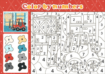 Car themed coloring page by number for kids with cute forklift truck in warehouse, printable educational worksheet in cartoon style