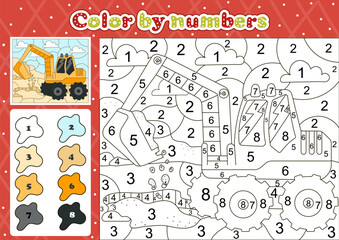 Car themed coloring page by number for kids with cute excavator, printable educational worksheet in cartoon style
