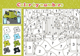 Car themed coloring page by number for kids with cute garbage truck, printable educational worksheet in cartoon style