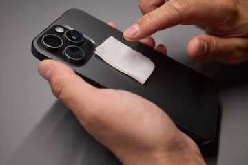 A person is wiping a cell phone clean with a tissue