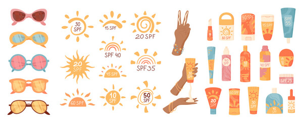 Cartoon sunscreen cream bottle, sunglasses and sun logos collection, isolated hand drawn uv factor protection sun symbol, hand hold sunscreen moisturizer container, vector hand shows two finger rule.
