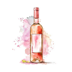 A watercolor painting featuring a bottle of wine on a white backdrop. hand drawn illustration. Ai generated.