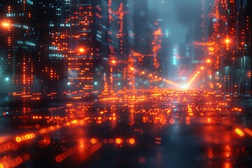 Obraz premium Futuristic cyberpunk city with glowing neon lights and reflections on wet asphalt.