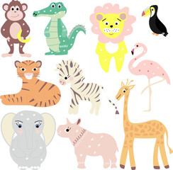 Animals cartoon illustrations in vector. African animals set. Baby animals vector set.